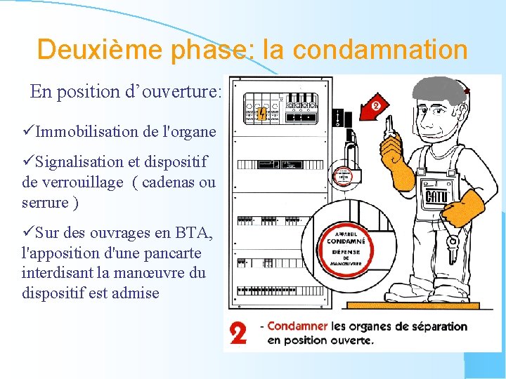Deuxième phase: la condamnation En position d’ouverture: üImmobilisation de l'organe üSignalisation et dispositif de