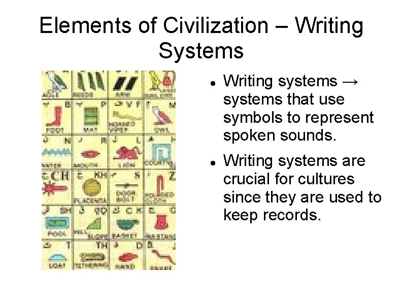 Elements of Civilization – Writing Systems Writing systems → systems that use symbols to