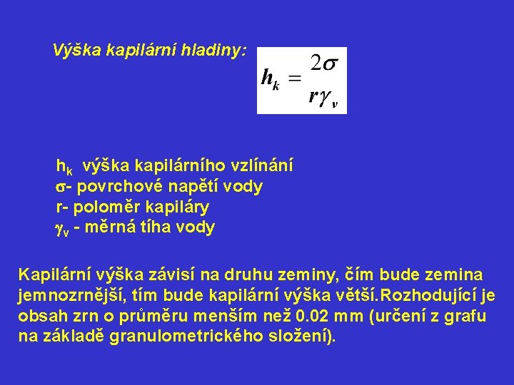 Výška kapilární hladiny: hk výška kapilárního vzlínání s- povrchové napětí vody r- poloměr kapiláry