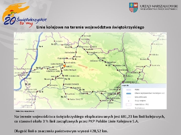 Linie kolejowe na terenie województwa świętokrzyskiego Źródło: http: //mapa. plk-sa. pl/ Na terenie województwa