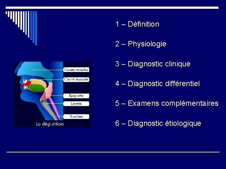 1 – Définition 2 – Physiologie 3 – Diagnostic clinique 4 – Diagnostic différentiel