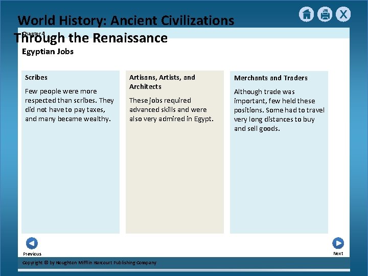 World History: Ancient Civilizations Through the Renaissance Chapter 4 Egyptian Jobs Scribes Few people