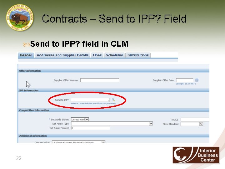 Contracts – Send to IPP? Field Send to IPP? field in CLM 29 