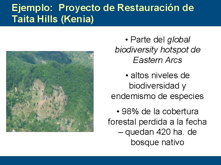 Ejemplo: Proyecto de Restauración de Taita Hills (Kenia) • Parte del global biodiversity hotspot