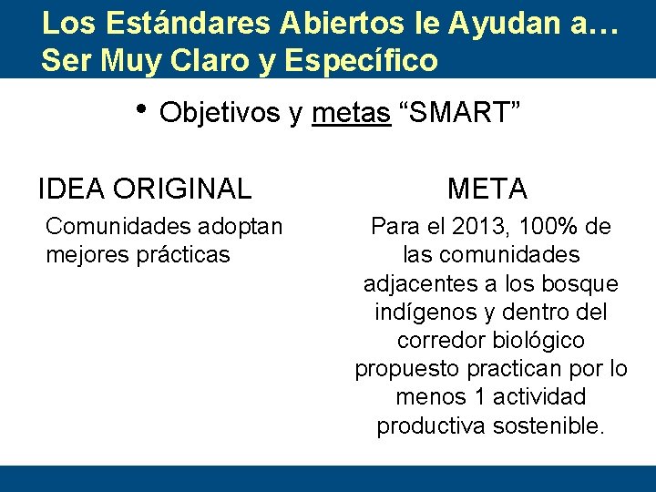 Los Estándares Abiertos le Ayudan a… Ser Muy Claro y Específico • Objetivos y