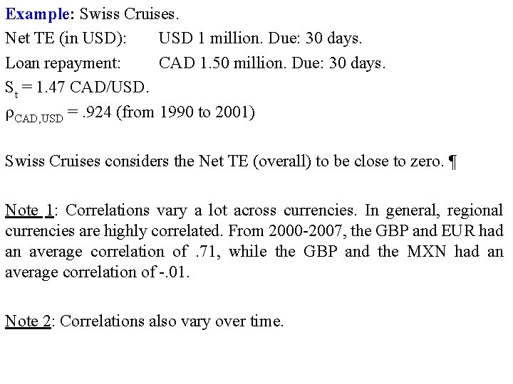 Example: Swiss Cruises. Net TE (in USD): USD 1 million. Due: 30 days. Loan