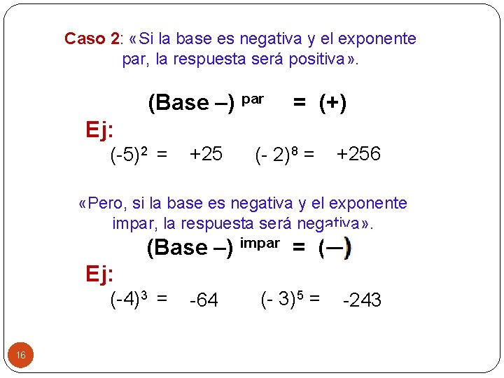 Caso 2: «Si la base es negativa y el exponente par, la respuesta será