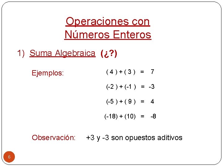 Operaciones con Números Enteros 1) Suma Algebraica (¿? ) Ejemplos: (4)+(3) = 7 (-2