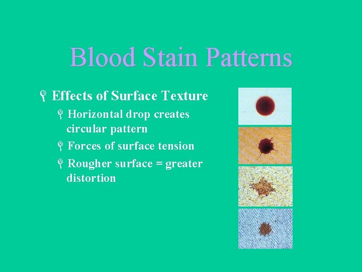 Blood Stain Patterns LEffects of Surface Texture LHorizontal drop creates circular pattern LForces of