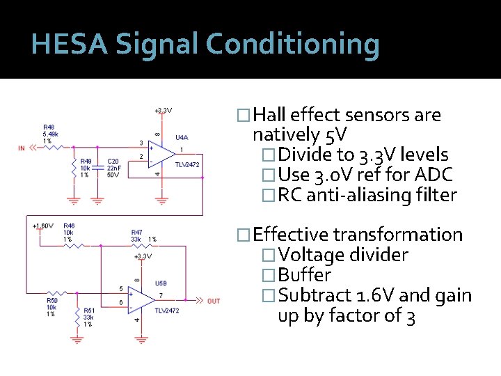 HESA Signal Conditioning �Hall effect sensors are natively 5 V �Divide to 3. 3