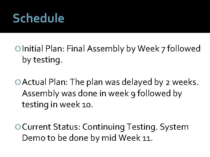 Schedule Initial Plan: Final Assembly by Week 7 followed by testing. Actual Plan: The