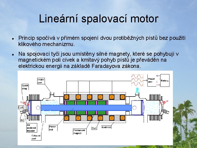 Lineární spalovací motor Princip spočívá v přímém spojení dvou protiběžných pístů bez použití klikového