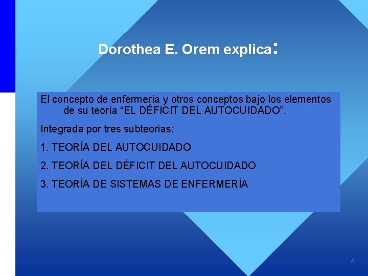 Dorothea E. Orem explica: El concepto de enfermería y otros conceptos bajo los elementos