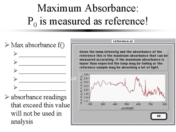 Maximum Absorbance: P 0 is measured as reference! Ø Max absorbance f() lamp intensity