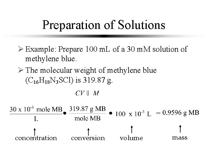 Preparation of Solutions Ø Example: Prepare 100 m. L of a 30 m. M