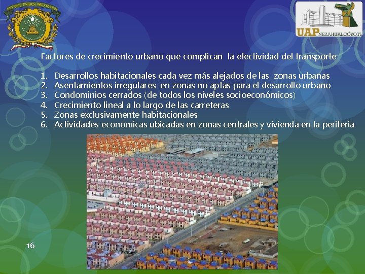Factores de crecimiento urbano que complican la efectividad del transporte 1. 2. 3. 4.