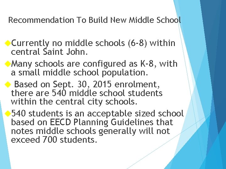 Recommendation To Build New Middle School Currently no middle schools (6 -8) within central Recommendation To Build New Middle School Currently no middle schools (6 -8) within central