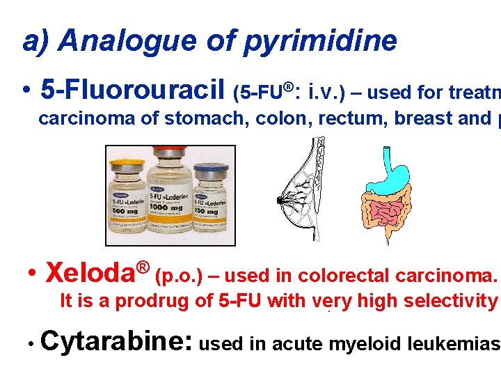 a) Analogue of pyrimidine • 5 -Fluorouracil (5 -FU®: i. v. ) – used