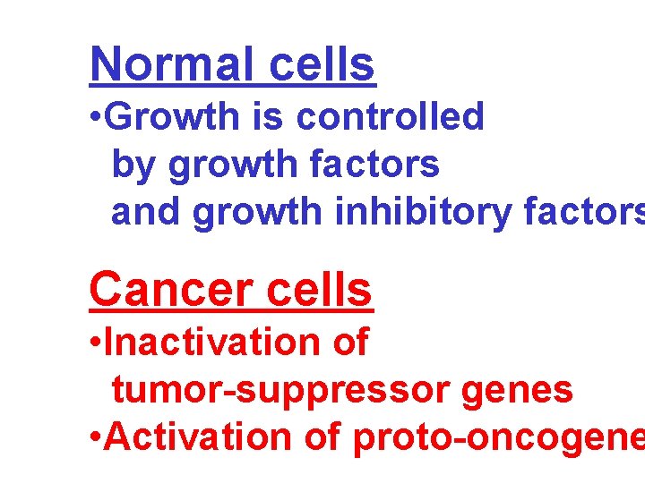 Normal cells • Growth is controlled by growth factors and growth inhibitory factors Cancer