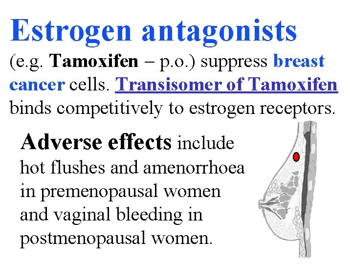 Estrogen antagonists (e. g. Tamoxifen - p. o. ) suppress breast cancer cells. Transisomer