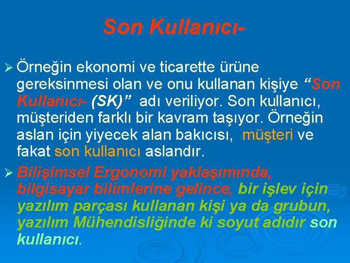 Son KullanıcıØ Örneğin ekonomi ve ticarette ürüne gereksinmesi olan ve onu kullanan kişiye “Son