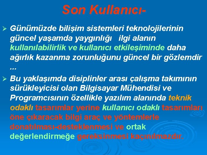 Son KullanıcıGünümüzde bilişim sistemleri teknolojilerinin güncel yaşamda yaygınlığı ilgi alanın kullanılabilirlik ve kullanıcı etkileşiminde