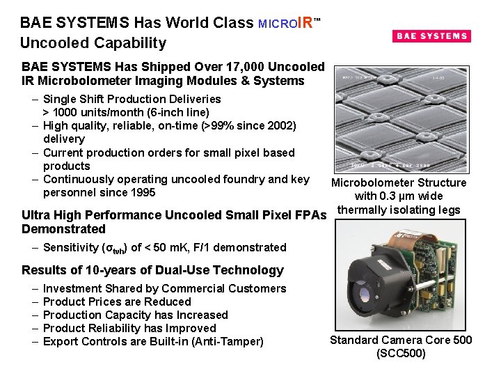 BAE SYSTEMS Has World Class MICROIR™ Uncooled Capability BAE SYSTEMS Has Shipped Over 17,