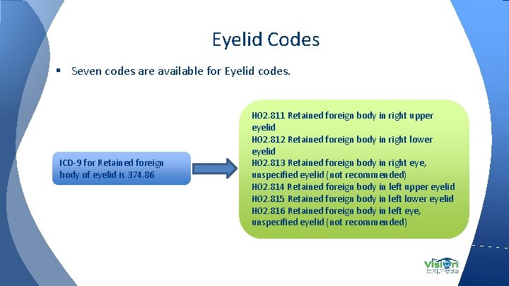 Eyelid Codes § Seven codes are available for Eyelid codes. ICD-9 for Retained foreign