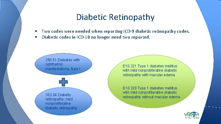 Diabetic Retinopathy § Two codes were needed when reporting ICD-9 diabetic retinopathy codes. §