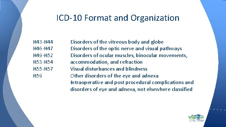 ICD-10 Format and Organization H 43 -H 44 H 46 -H 47 H 49