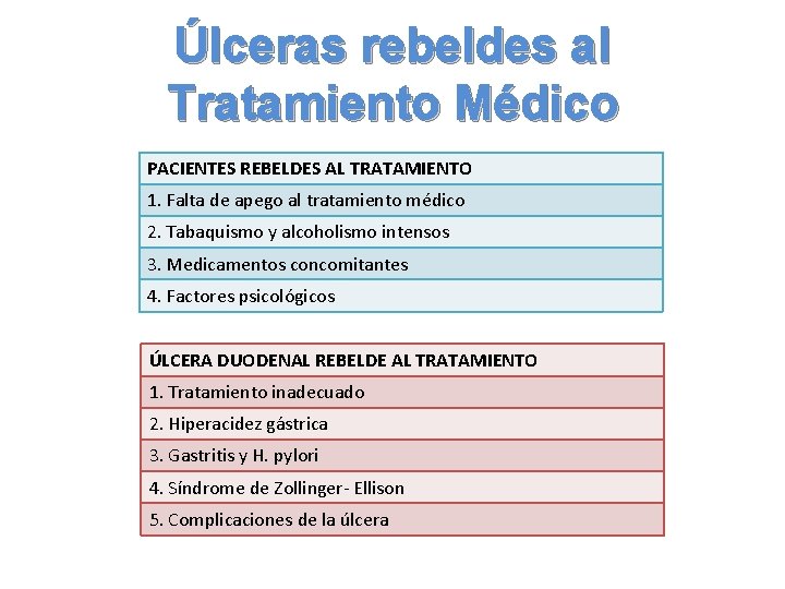 Úlceras rebeldes al Tratamiento Médico PACIENTES REBELDES AL TRATAMIENTO 1. Falta de apego al