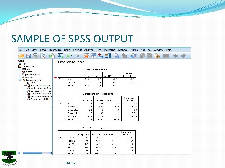 SAMPLE OF SPSS OUTPUT PGC 601 