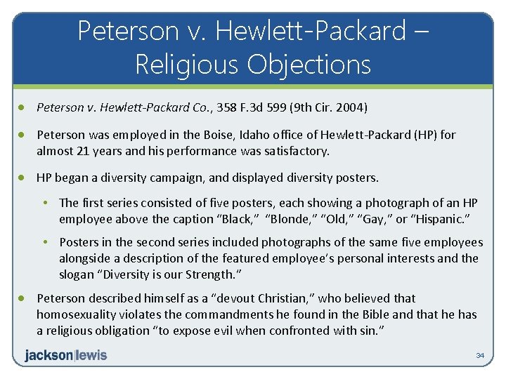 Peterson v. Hewlett-Packard – Religious Objections · Peterson v. Hewlett-Packard Co. , 358 F.