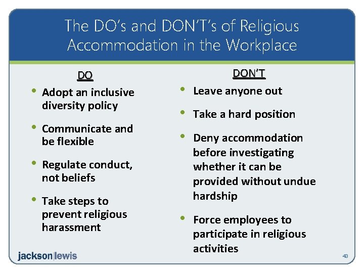 The DO’s and DON’T’s of Religious Accommodation in the Workplace • DO Adopt an