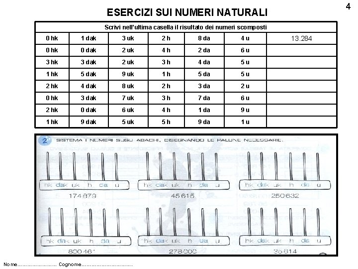 4 ESERCIZI SUI NUMERI NATURALI Scrivi nell’ultima casella il risultato dei numeri scomposti 0