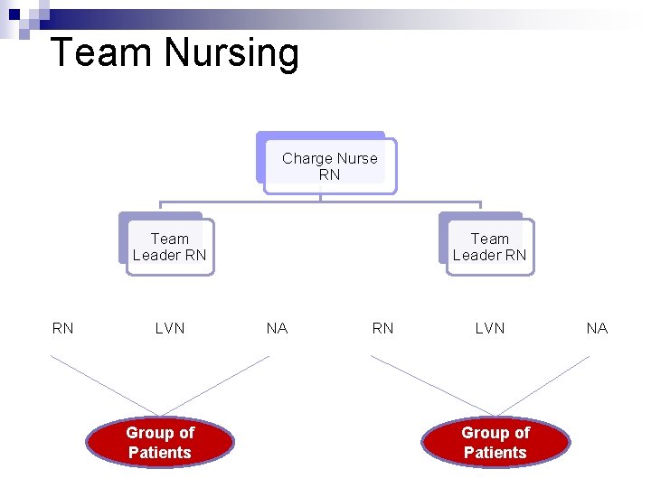 Team Nursing Charge Nurse RN Team Leader RN RN LVN Group of Patients Team Team Nursing Charge Nurse RN Team Leader RN RN LVN Group of Patients Team