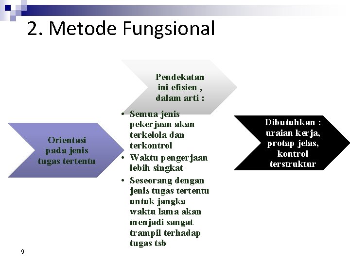 2. Metode Fungsional Pendekatan ini efisien , dalam arti : Orientasi pada jenis tugas 2. Metode Fungsional Pendekatan ini efisien , dalam arti : Orientasi pada jenis tugas