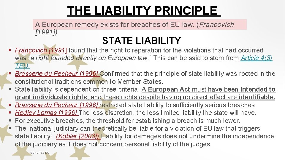 THE LIABILITY PRINCIPLE A European remedy exists for breaches of EU law. (Francovich [1991])