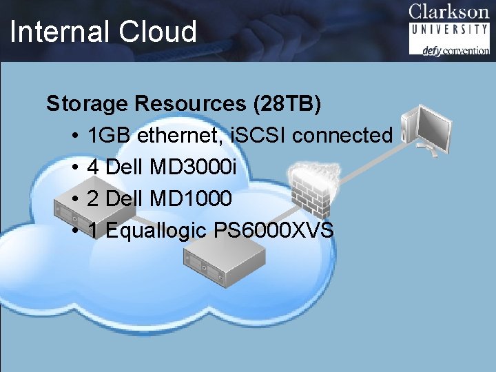 Internal Cloud Storage Resources (28 TB) • 1 GB ethernet, i. SCSI connected •