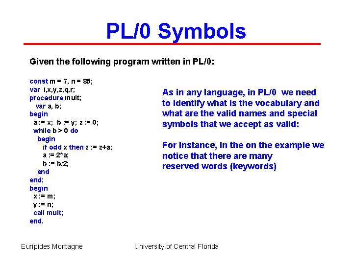 PL/0 Symbols Given the following program written in PL/0: const m = 7, n