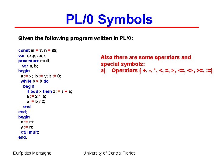 PL/0 Symbols Given the following program written in PL/0: const m = 7, n