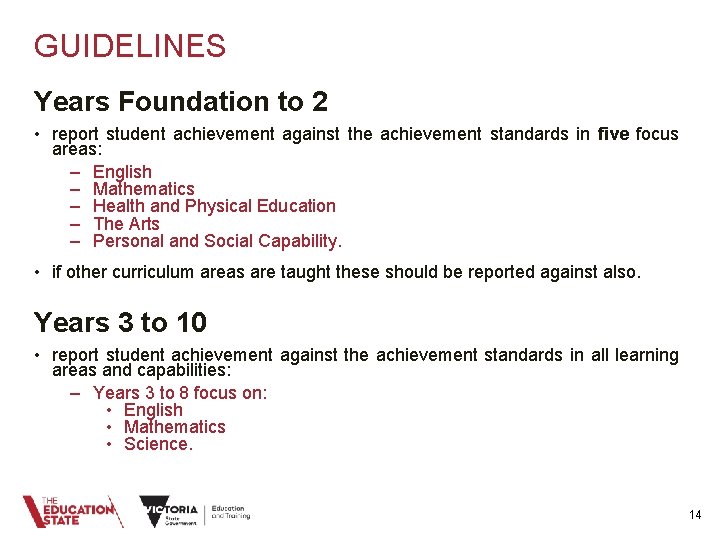 GUIDELINES Years Foundation to 2 • report student achievement against the achievement standards in
