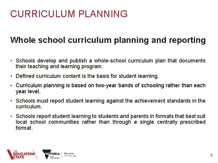 CURRICULUM PLANNING Whole school curriculum planning and reporting • Schools develop and publish a