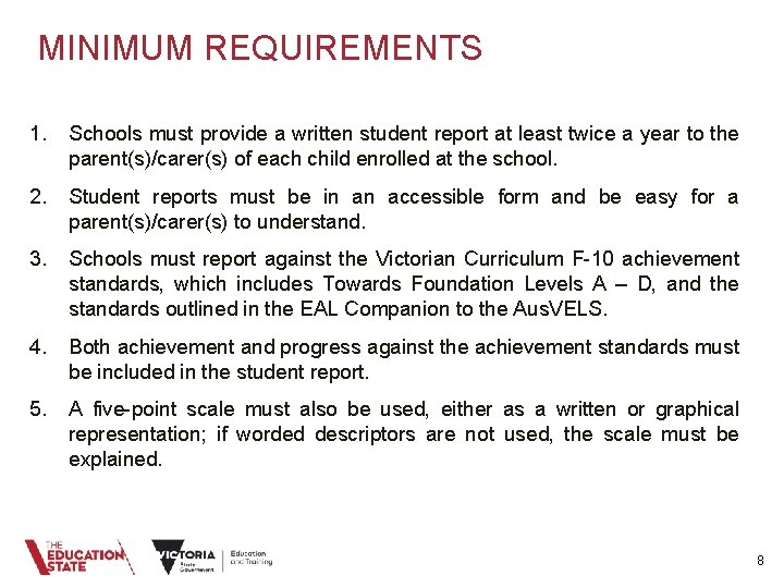 MINIMUM REQUIREMENTS 1. Schools must provide a written student report at least twice a