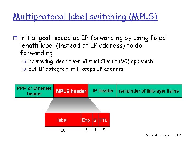 Multiprotocol label switching (MPLS) r initial goal: speed up IP forwarding by using fixed