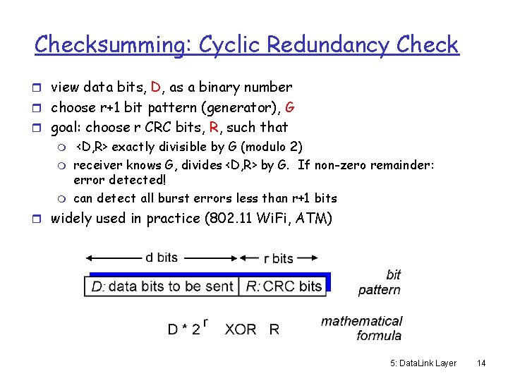 Checksumming: Cyclic Redundancy Check r view data bits, D, as a binary number r