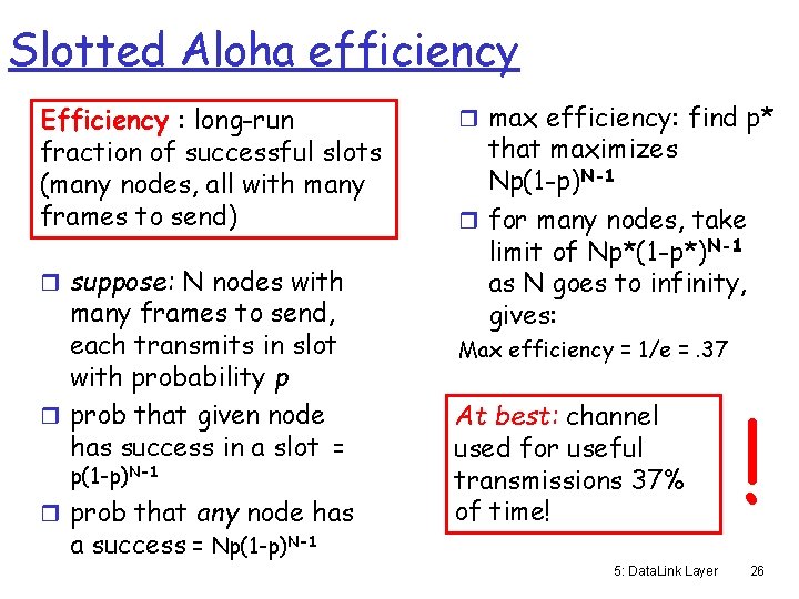 Slotted Aloha efficiency Efficiency : long-run fraction of successful slots (many nodes, all with
