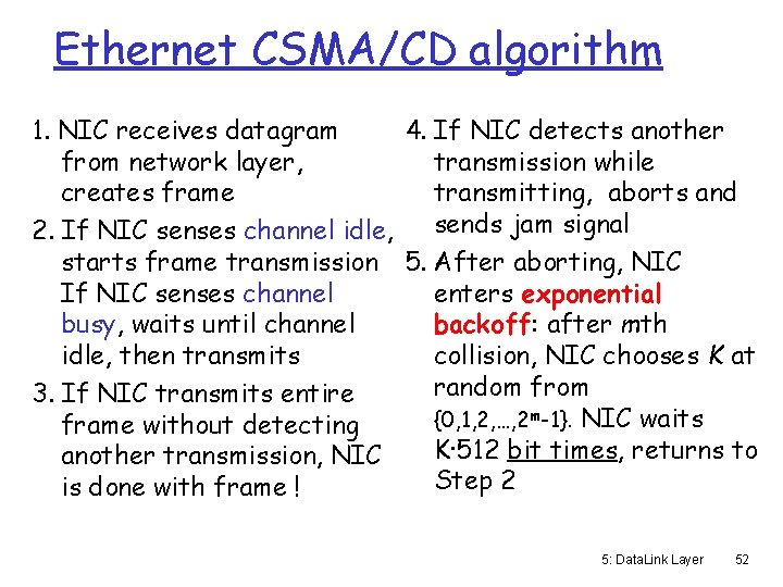 Ethernet CSMA/CD algorithm 1. NIC receives datagram 4. If NIC detects another from network