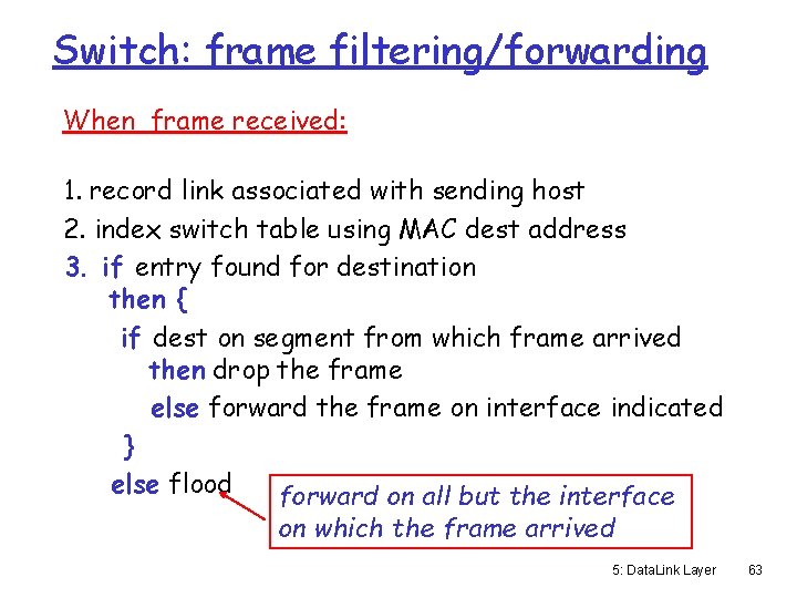 Switch: frame filtering/forwarding When frame received: 1. record link associated with sending host 2.