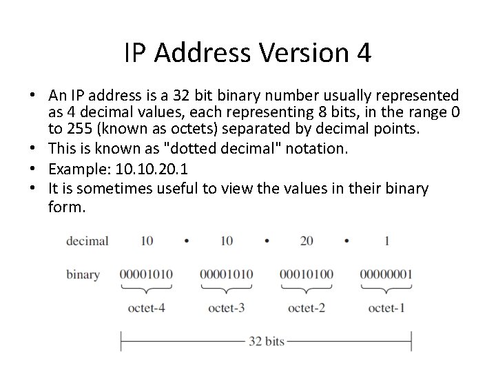 IP Address Version 4 • An IP address is a 32 bit binary number